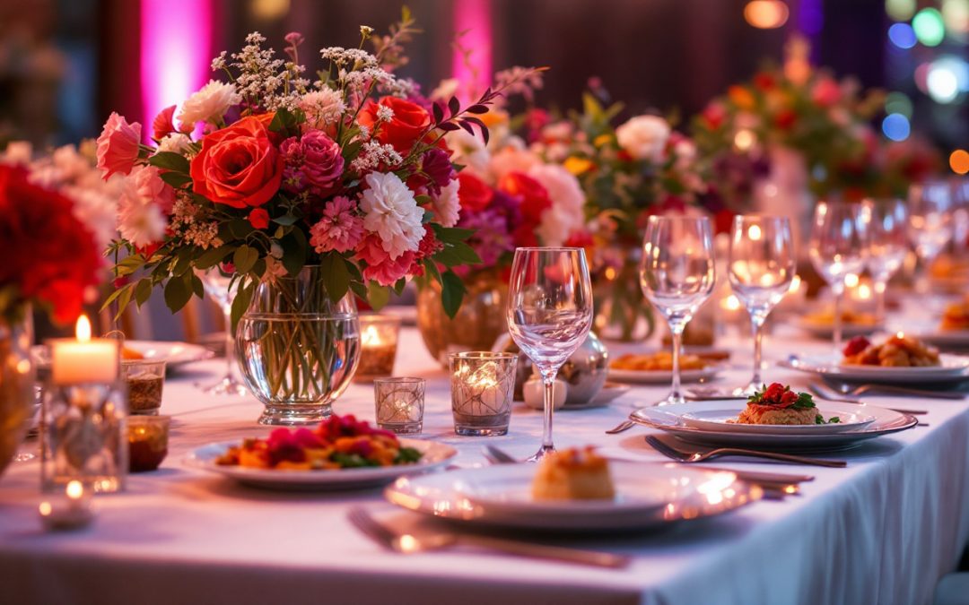A photograph of a beautifully arranged wedding reception table featuring an elegant custom menu