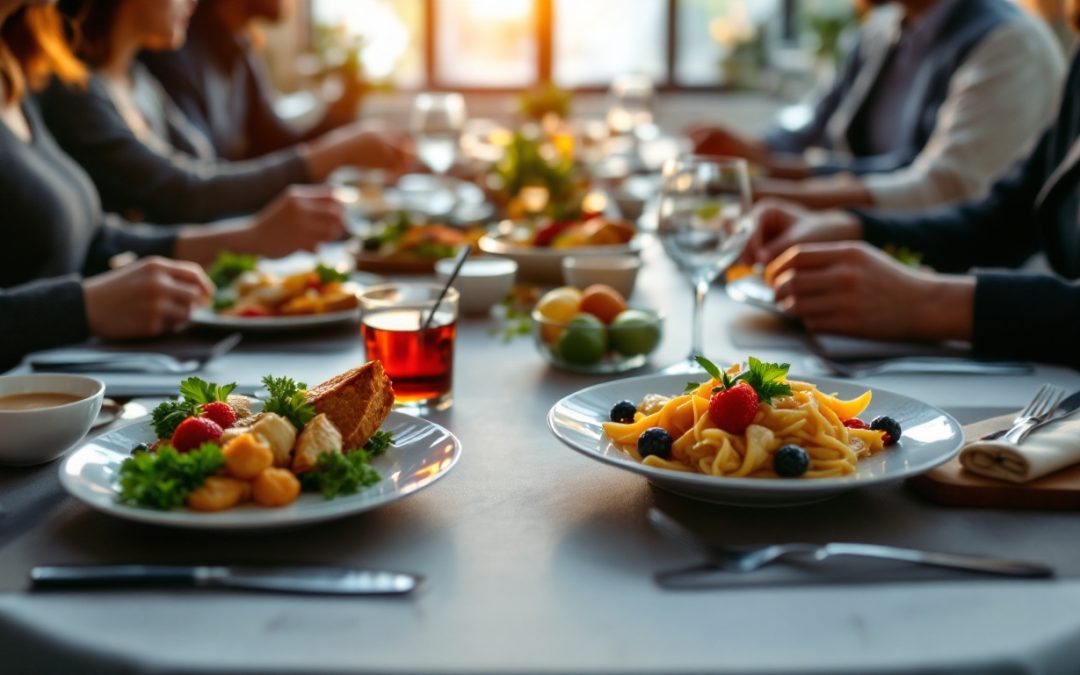 A photograph of a beautifully arranged business lunch setting featuring gourmet dishes