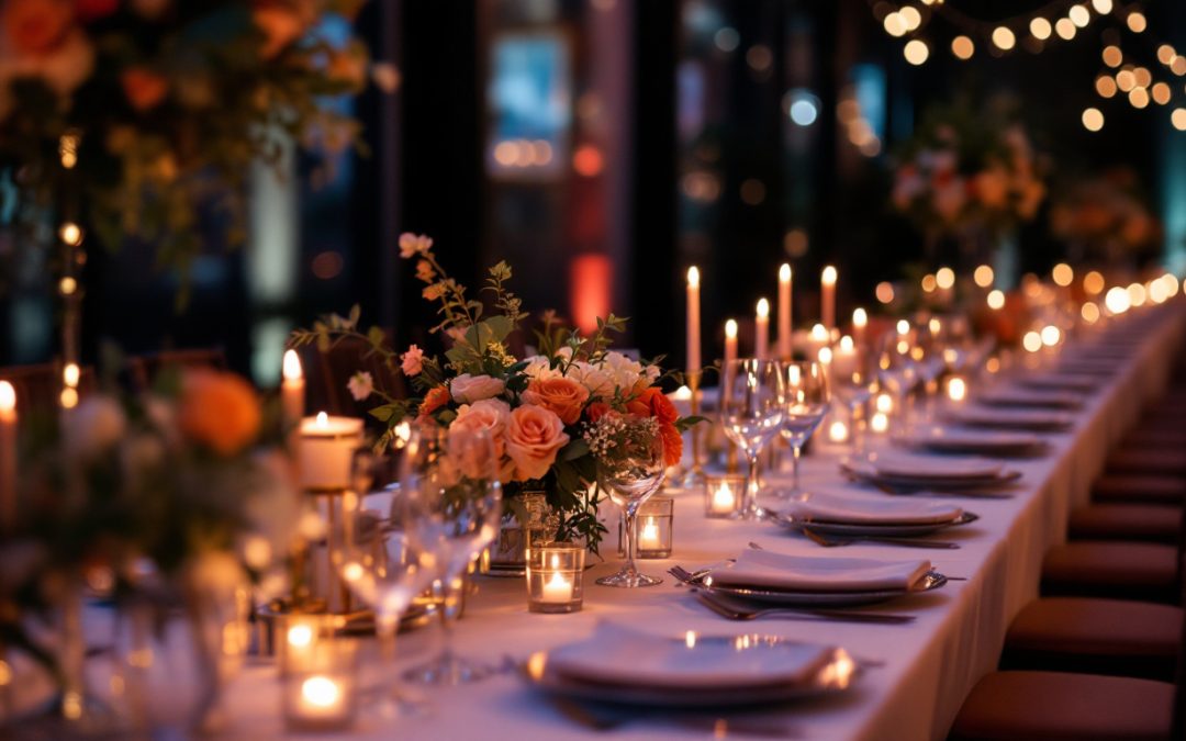 A photograph of an elegantly set reception table adorned with beautiful floral arrangements