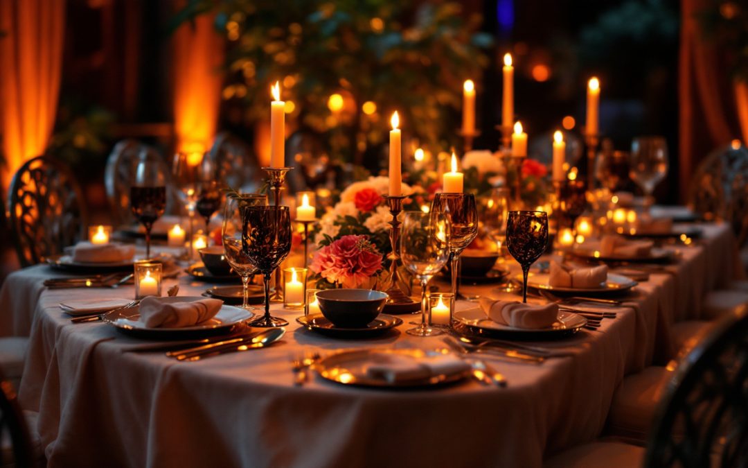 A photograph of a beautifully arranged luxury dining table set for an elegant gala event